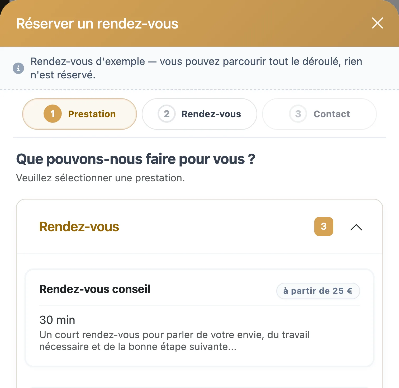 La fenêtre de réservation de Salon Wizard dans le salon de démonstration : d'abord choisir une prestation, puis un horaire, puis saisir ses coordonnées