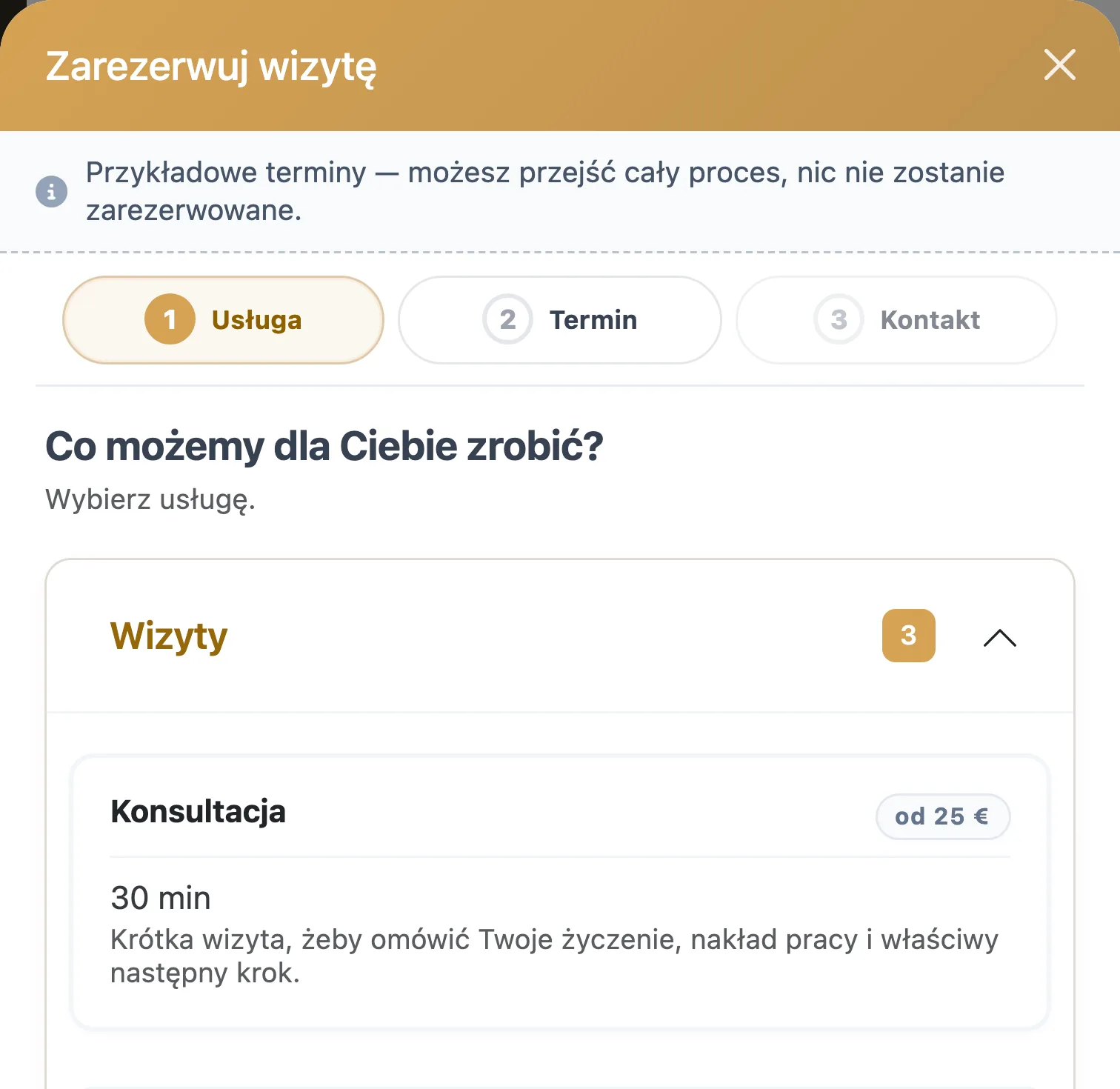Okno rezerwacji Salon Wizard w salonie demonstracyjnym: najpierw wybór usługi, potem terminu, na końcu dane kontaktowe
