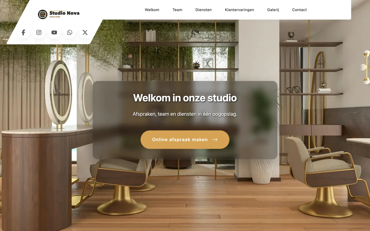 Website van de demosalon, gemaakt met Salon Wizard, met de knop om online te boeken